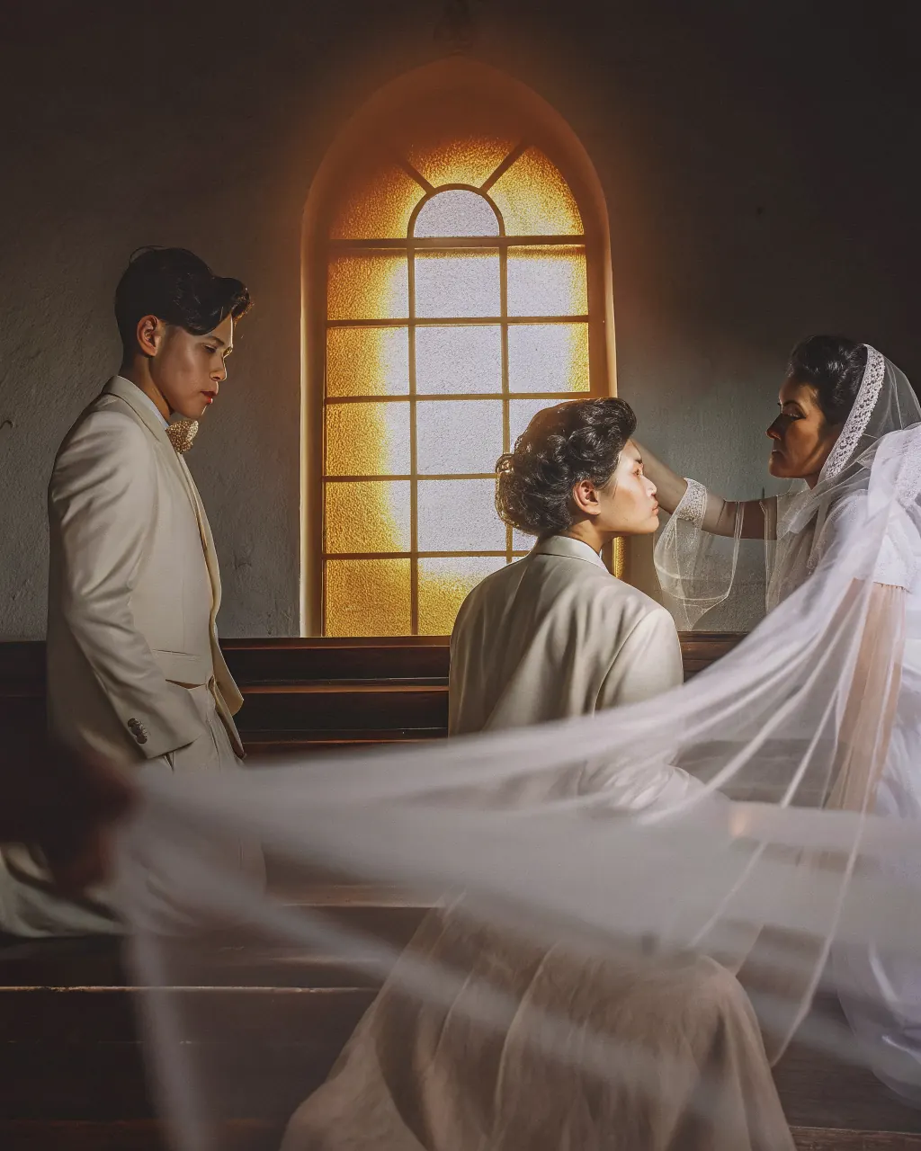 A couple at the altar in a sunlit church