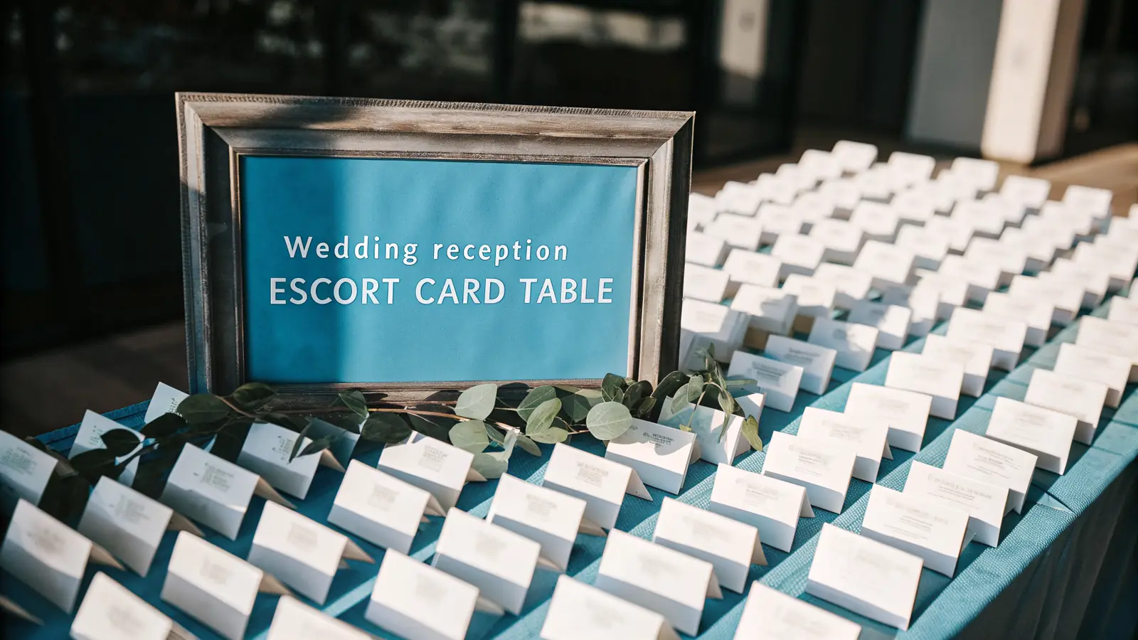 Place cards and a seating chart laid out for a reception